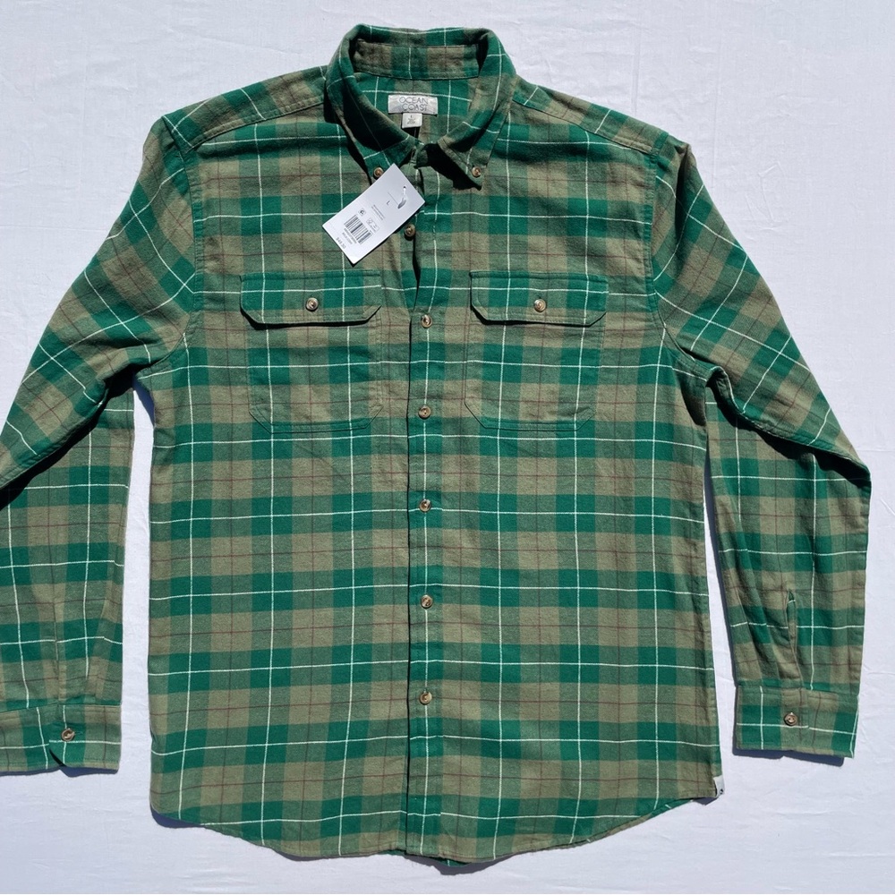 Ocean Coast Shirt Mens SZ L Green Plaid Flannel Button Down Long Sleeve Cotton